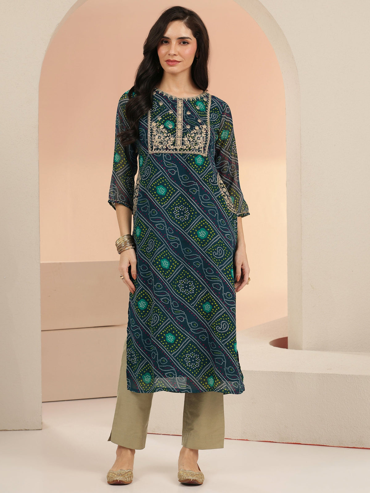 Anouk Teal Blue Bandhani Printed Chiffon Straight Kurta