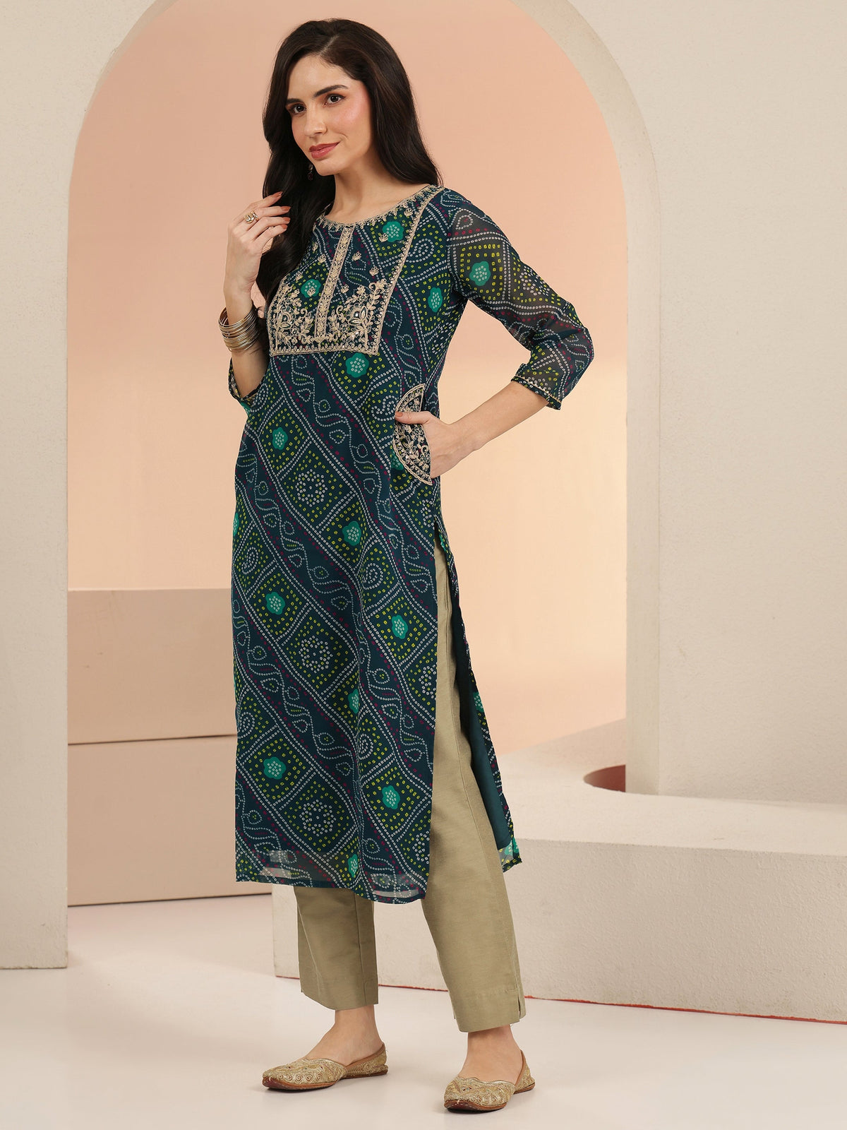 Anouk Teal Blue Bandhani Printed Chiffon Straight Kurta