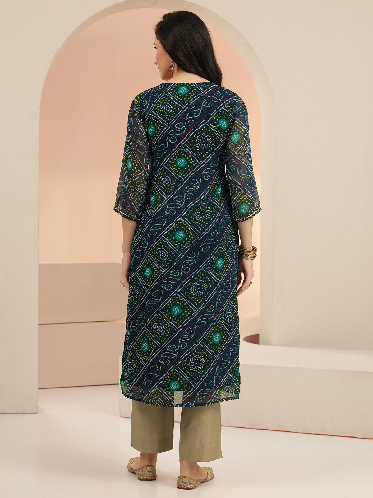 Anouk Teal Blue Bandhani Printed Chiffon Straight Kurta