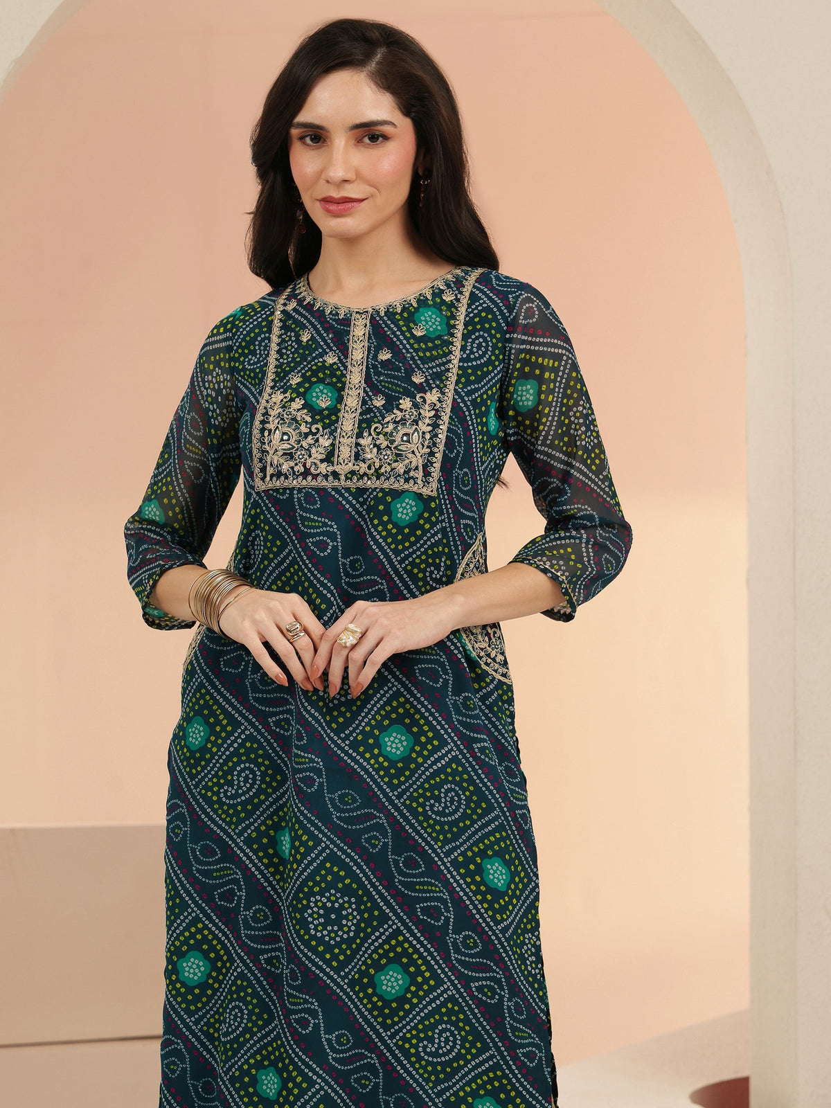Anouk Teal Blue Bandhani Printed Chiffon Straight Kurta