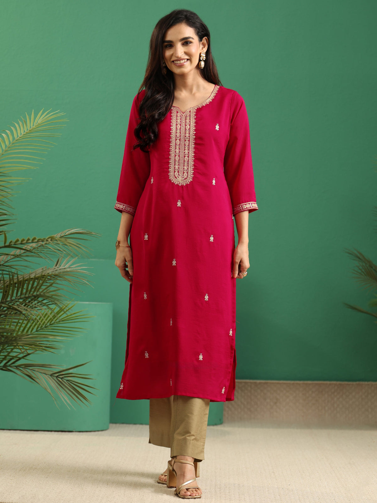 Anouk Rose Red Yoke Embroidered Silk Blend Straight Kurta