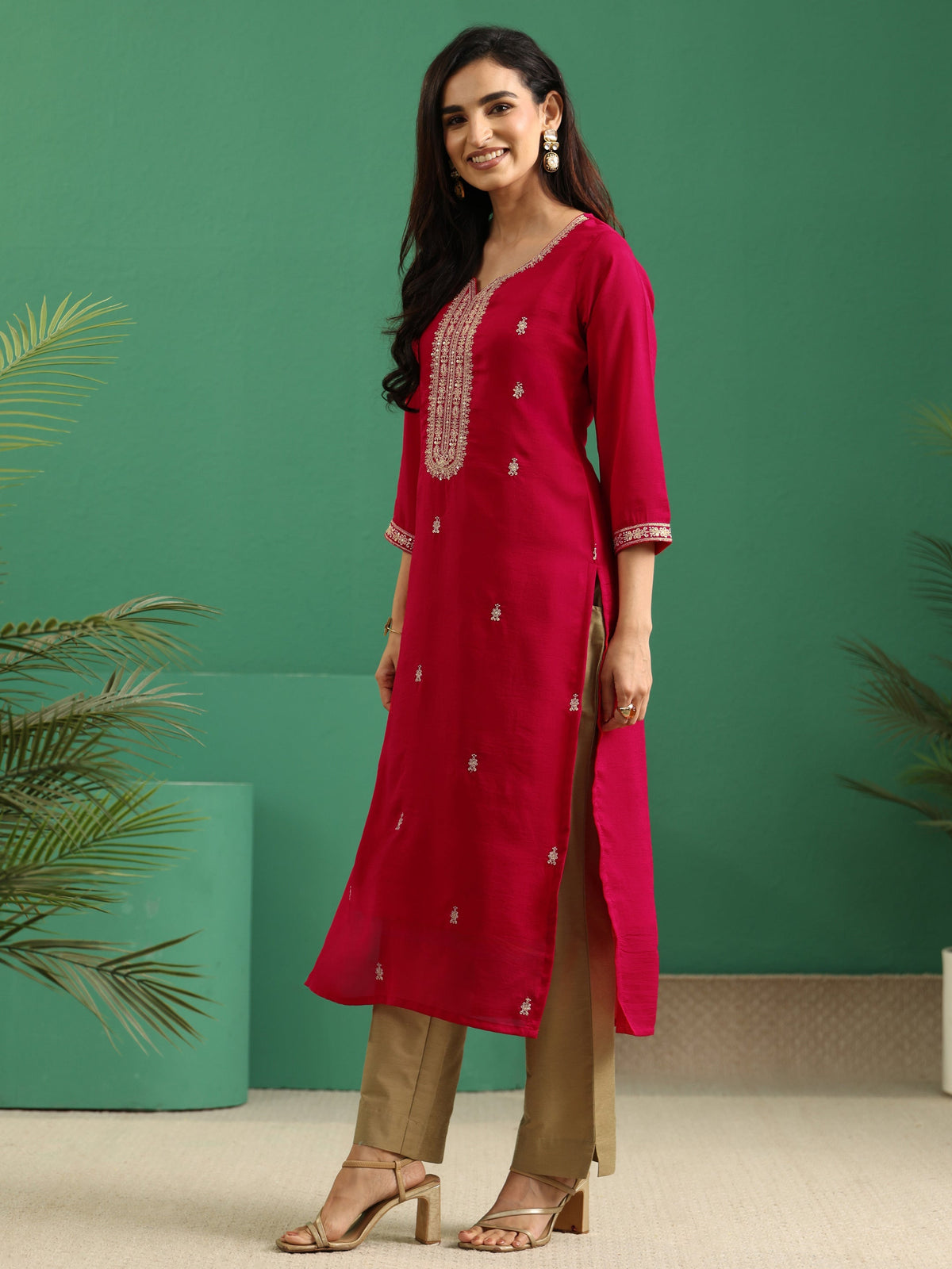 Anouk Rose Red Yoke Embroidered Silk Blend Straight Kurta