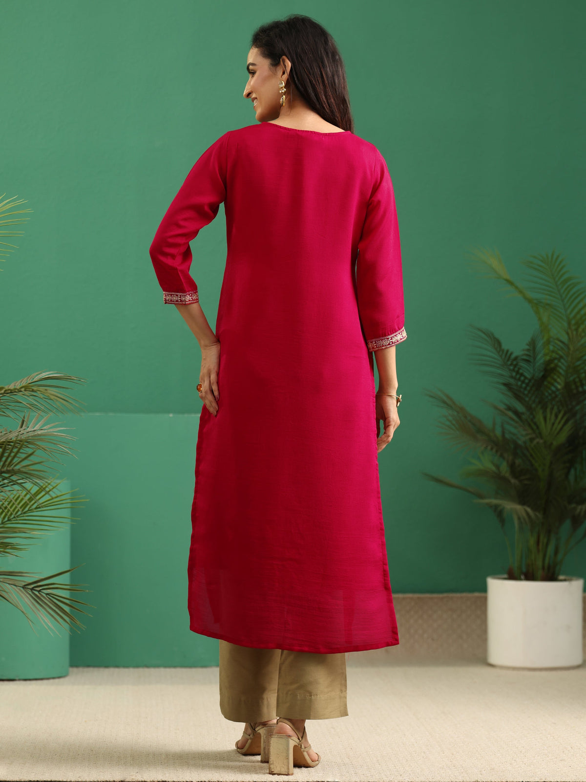 Anouk Rose Red Yoke Embroidered Silk Blend Straight Kurta