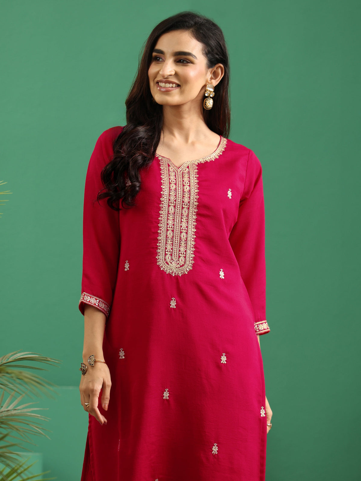Anouk Rose Red Yoke Embroidered Silk Blend Straight Kurta