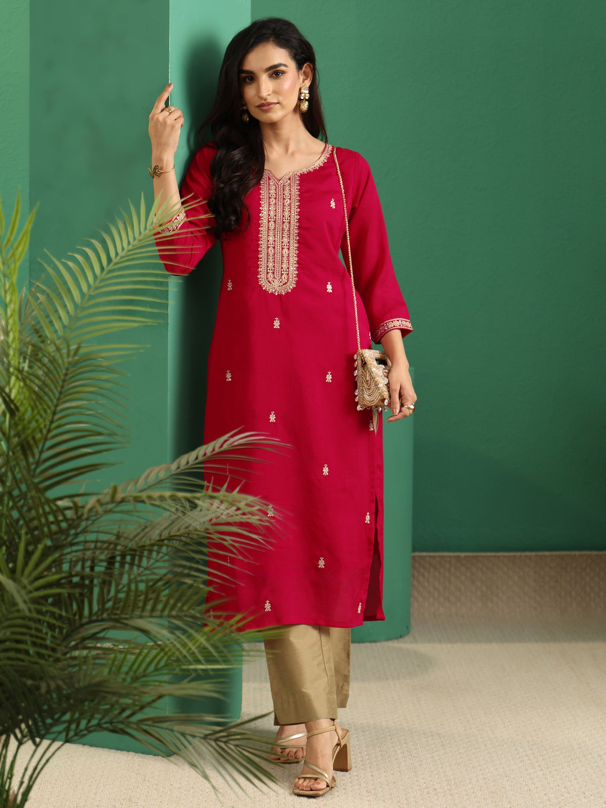 Anouk Rose Red Yoke Embroidered Silk Blend Straight Kurta