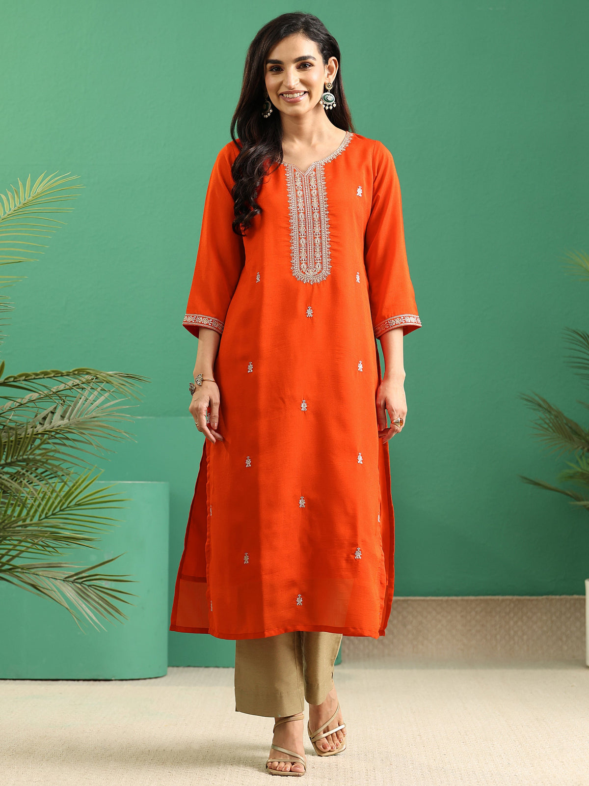 Anouk Orange Yoke Embroidered Silk Blend Straight Kurta
