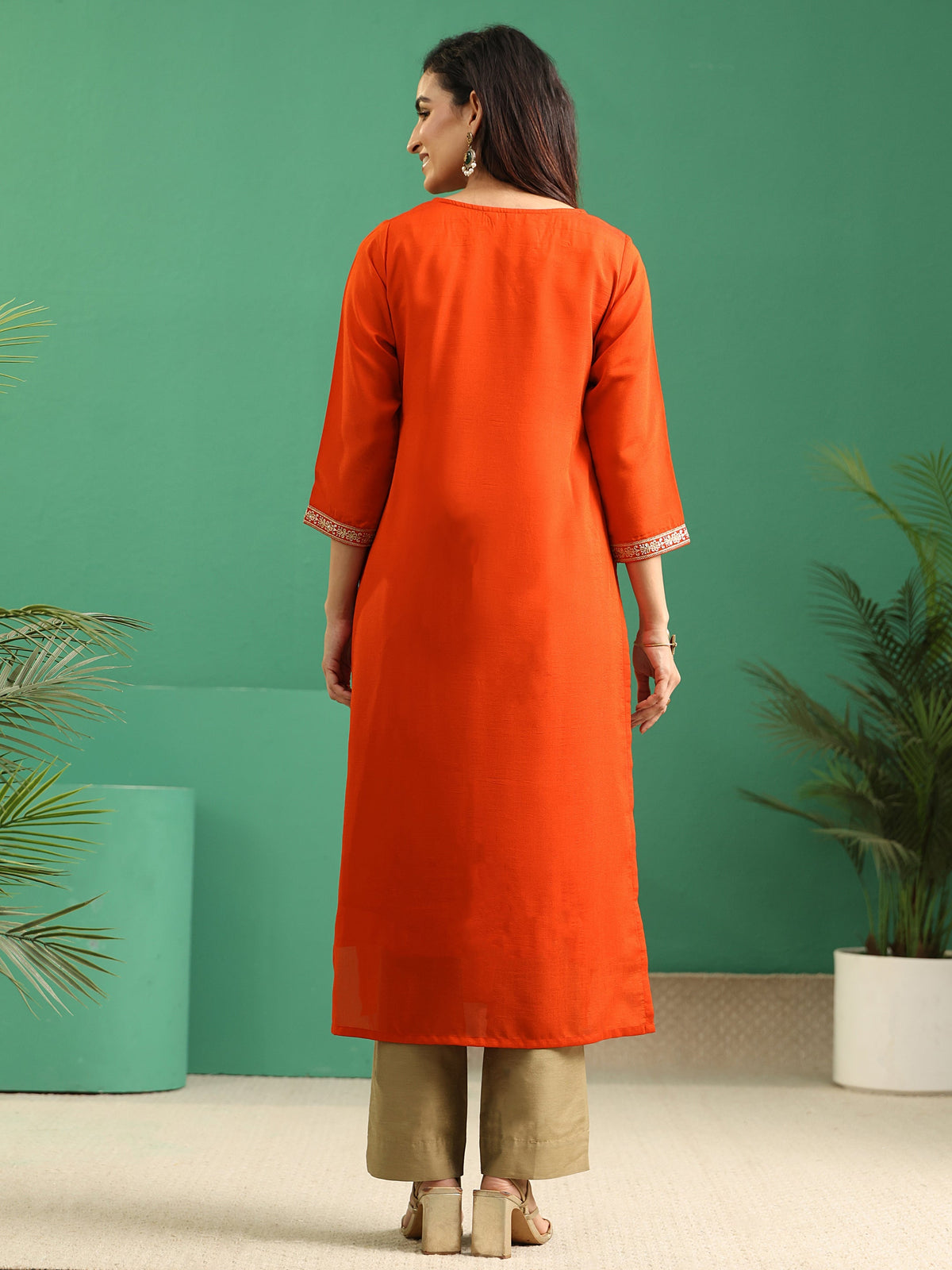 Anouk Orange Yoke Embroidered Silk Blend Straight Kurta