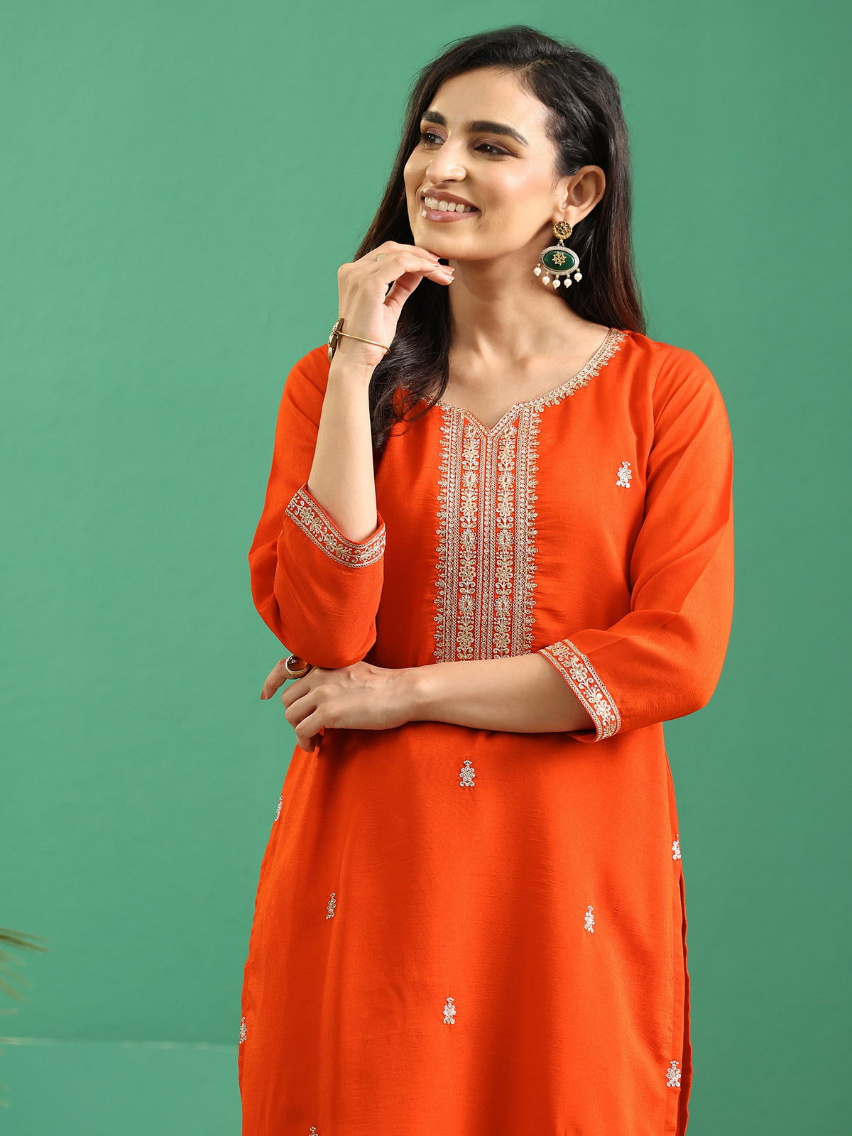 Anouk Orange Yoke Embroidered Silk Blend Straight Kurta