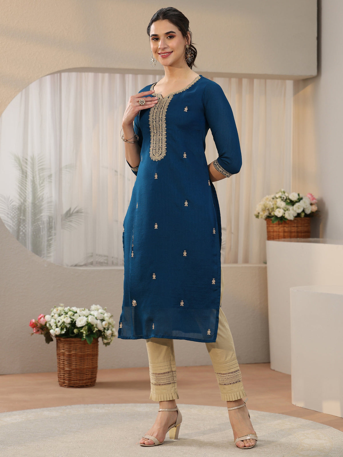 Anouk Teal Blue Embroidered Silk Blend Straight Kurta