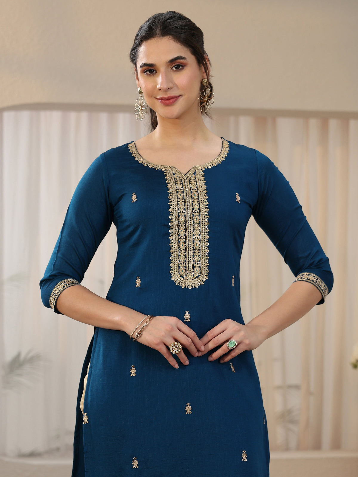 Anouk Teal Blue Embroidered Silk Blend Straight Kurta
