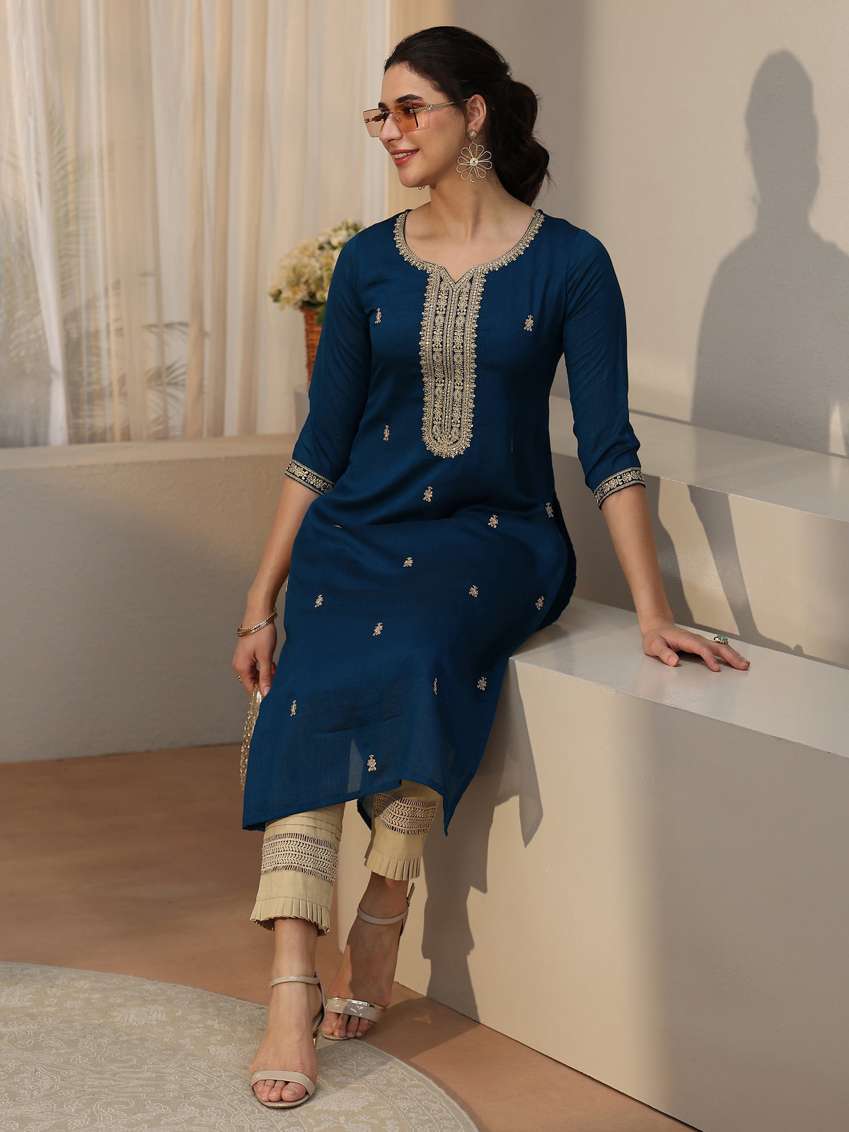 Anouk Teal Blue Embroidered Silk Blend Straight Kurta