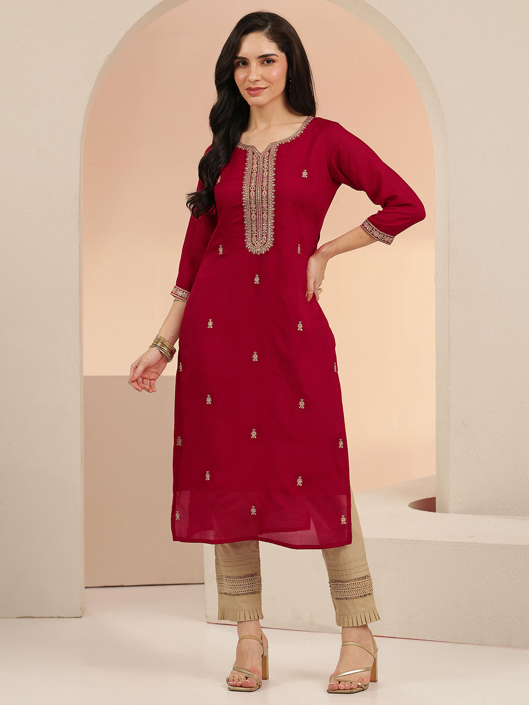 Anouk Maroon Embroidered Silk Blend Straight Kurta