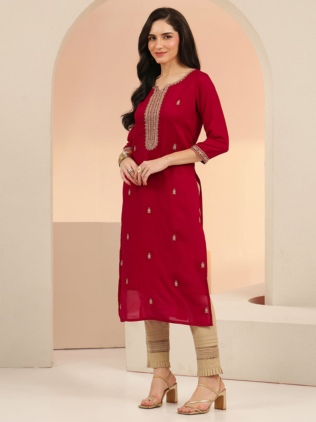 Anouk Maroon Embroidered Silk Blend Straight Kurta