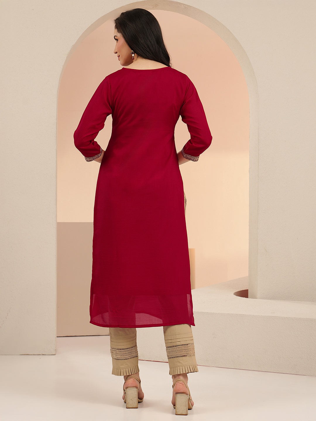 Anouk Maroon Embroidered Silk Blend Straight Kurta