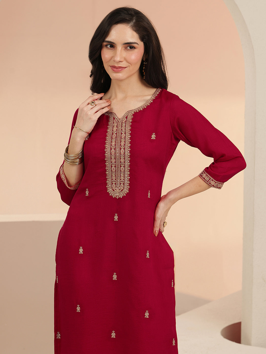Anouk Maroon Embroidered Silk Blend Straight Kurta