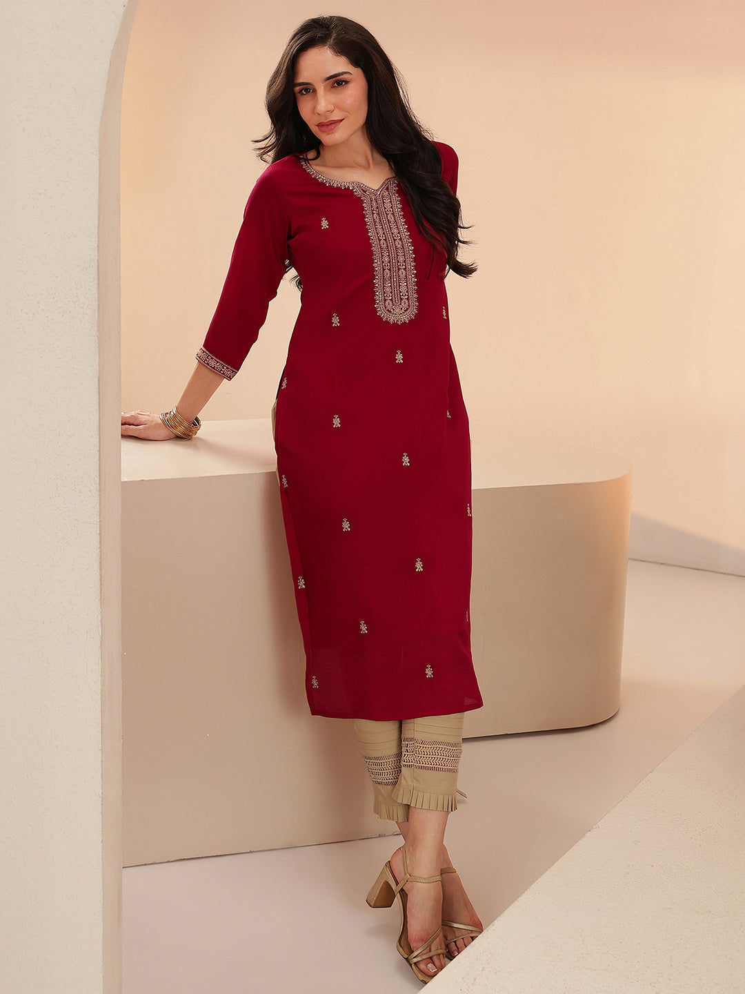 Anouk Maroon Embroidered Silk Blend Straight Kurta
