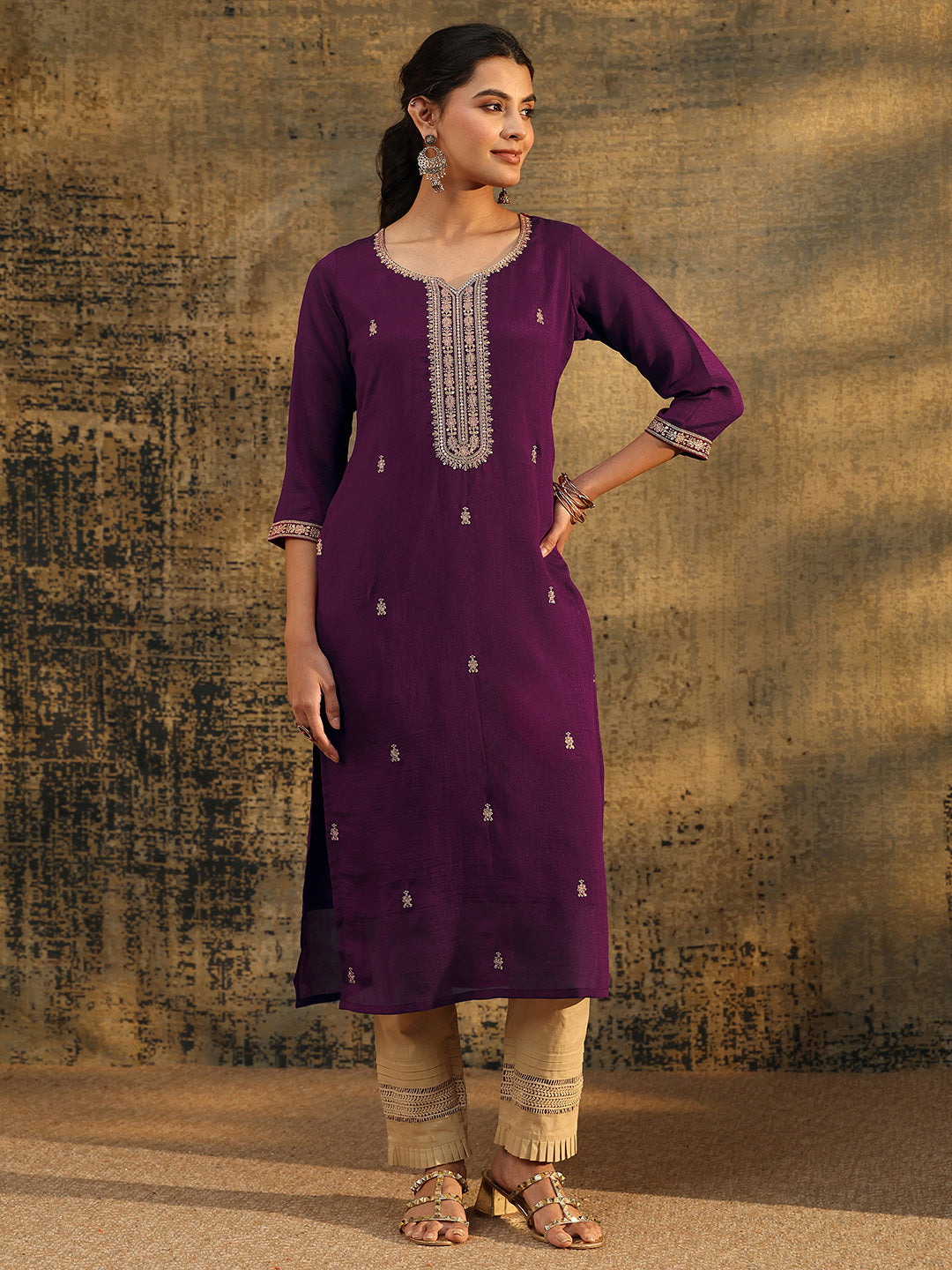 Anouk Dark Purple Embroidered Silk Blend Straight Kurta