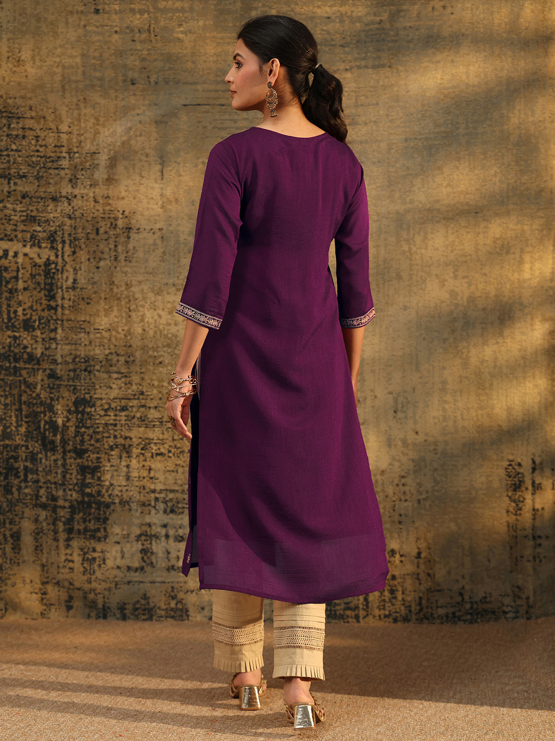 Anouk Dark Purple Embroidered Silk Blend Straight Kurta