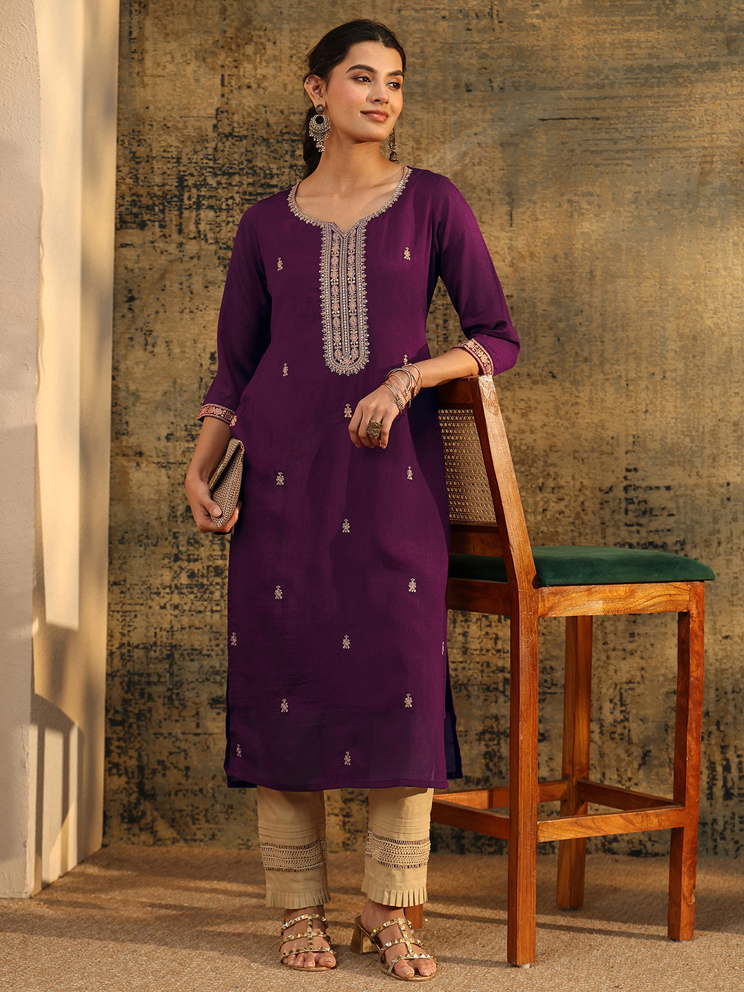 Anouk Dark Purple Embroidered Silk Blend Straight Kurta
