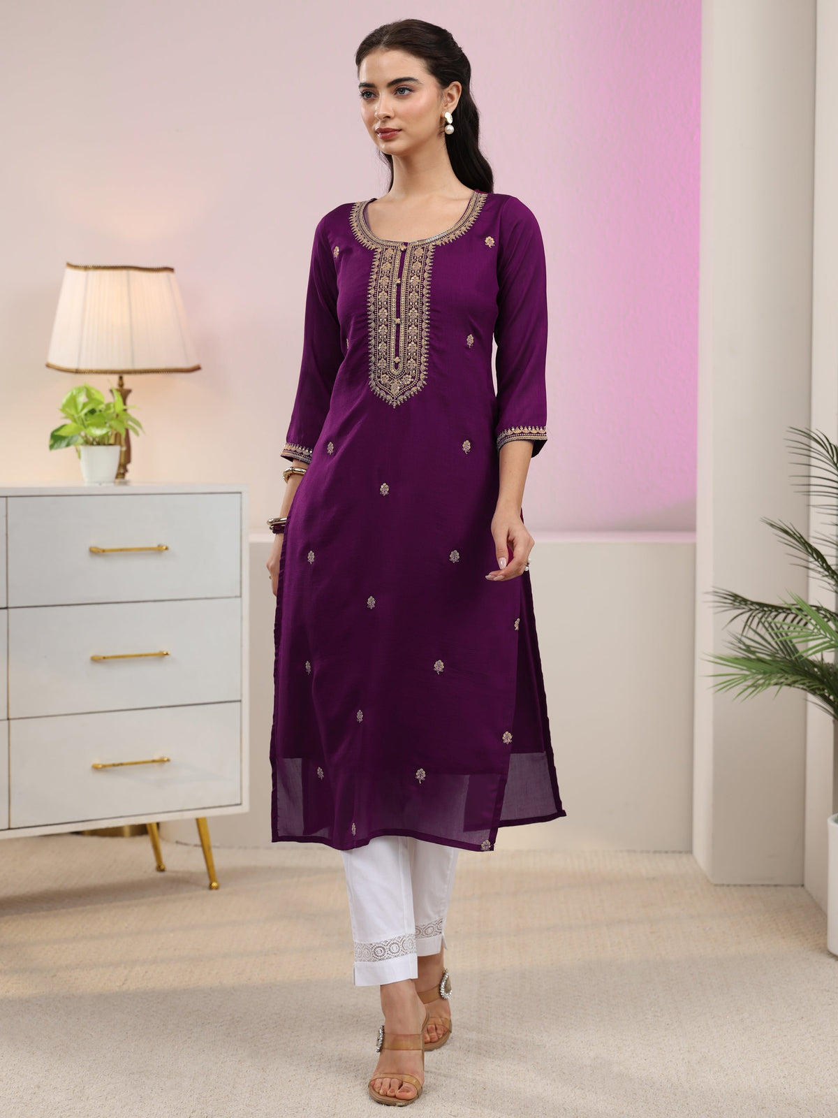 Anouk Aubergine Purple Floral Embroidered Silk Blend Straight Kurta