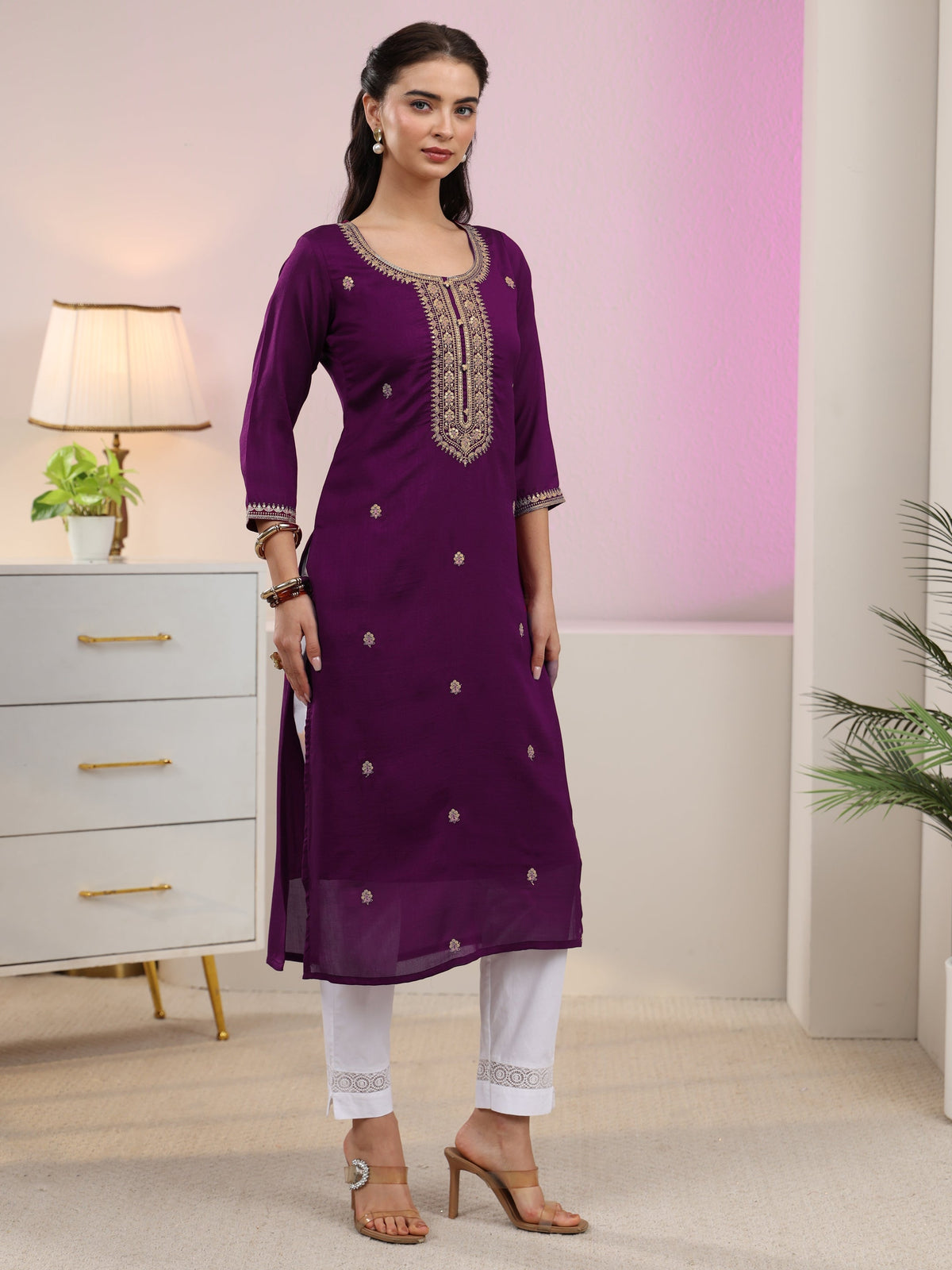 Anouk Aubergine Purple Floral Embroidered Silk Blend Straight Kurta
