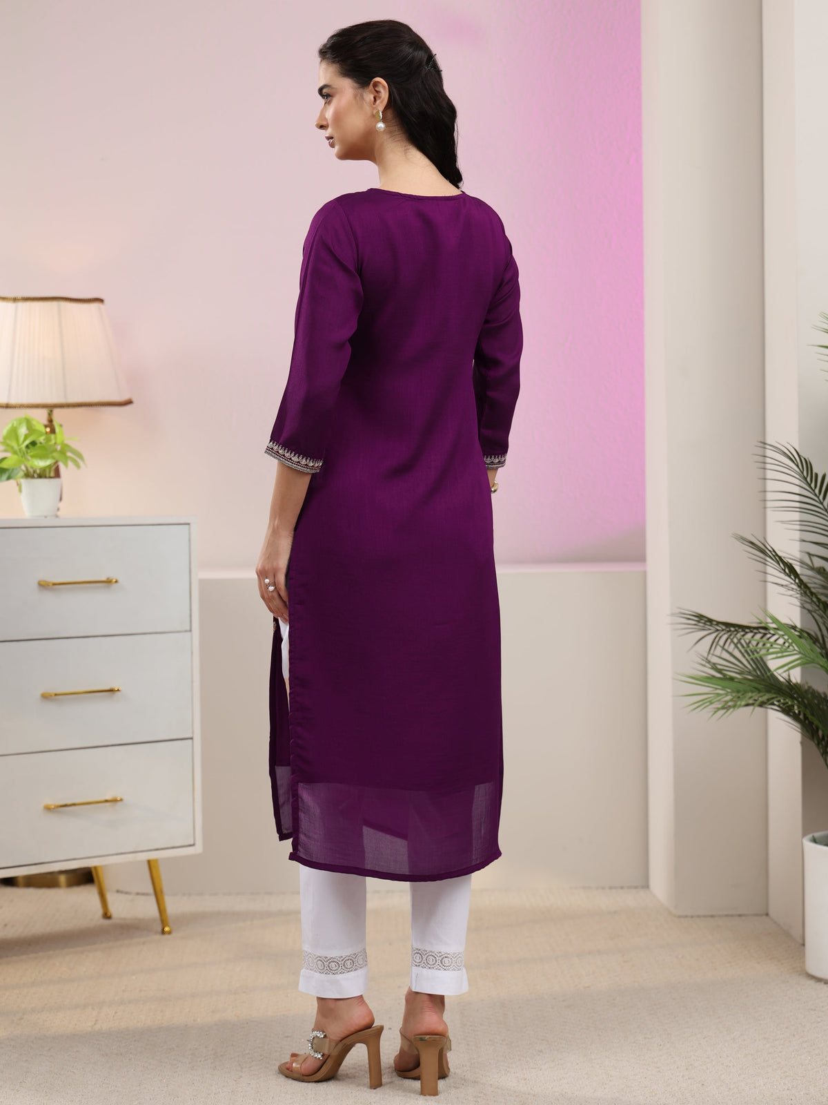 Anouk Aubergine Purple Floral Embroidered Silk Blend Straight Kurta