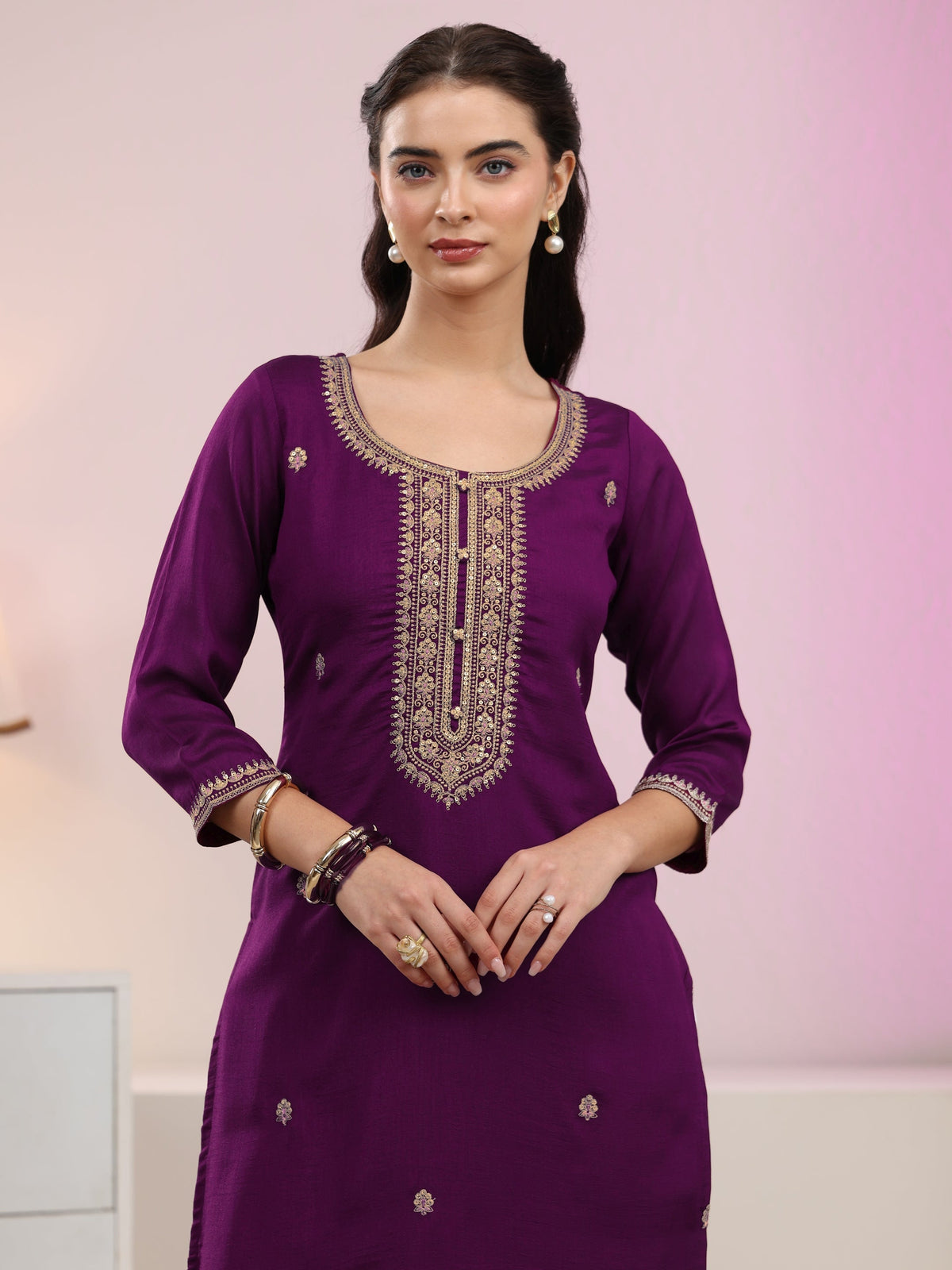 Anouk Aubergine Purple Floral Embroidered Silk Blend Straight Kurta