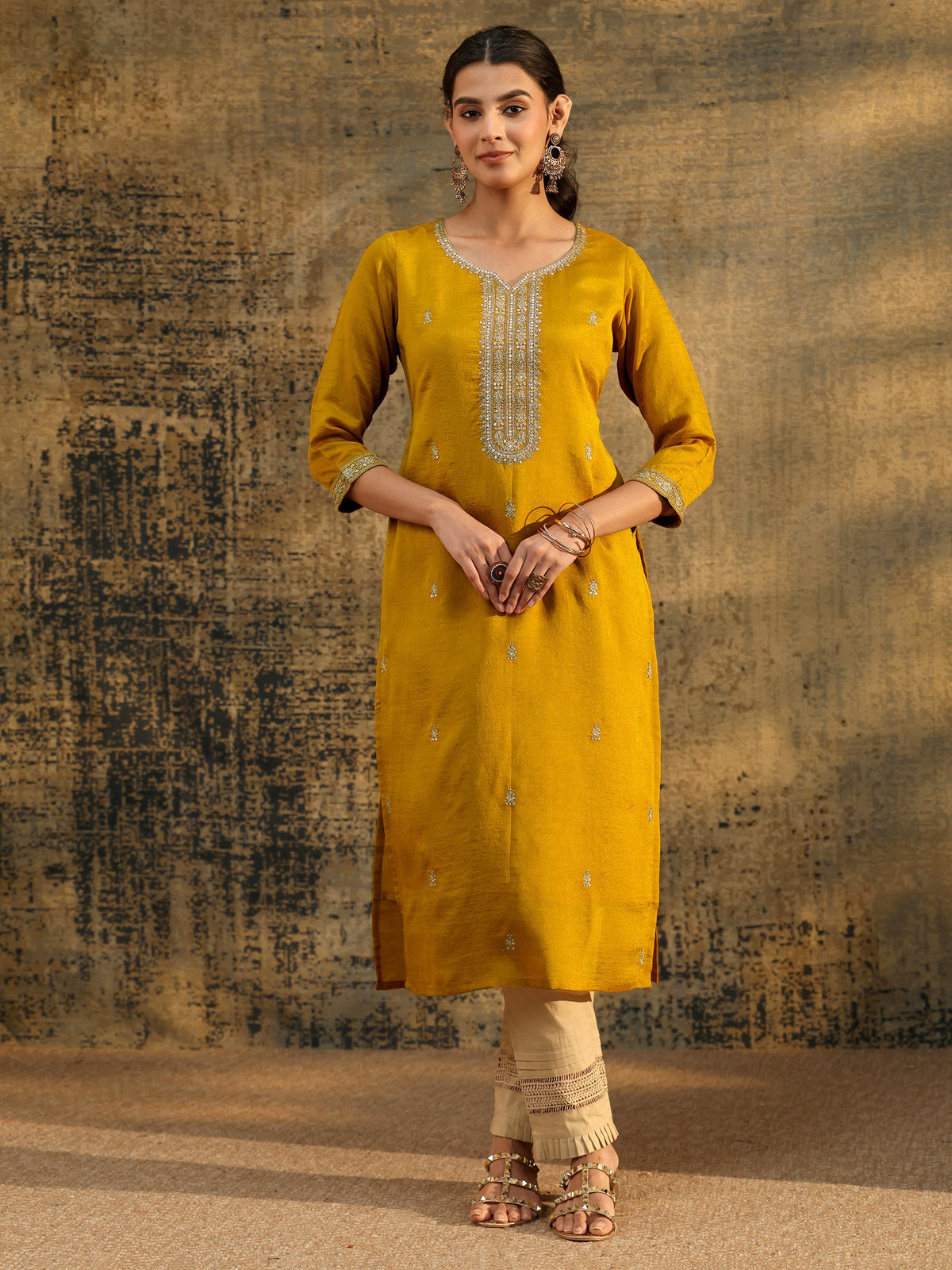 Anouk Mustard Embroidered Silk Blend Straight Kurta