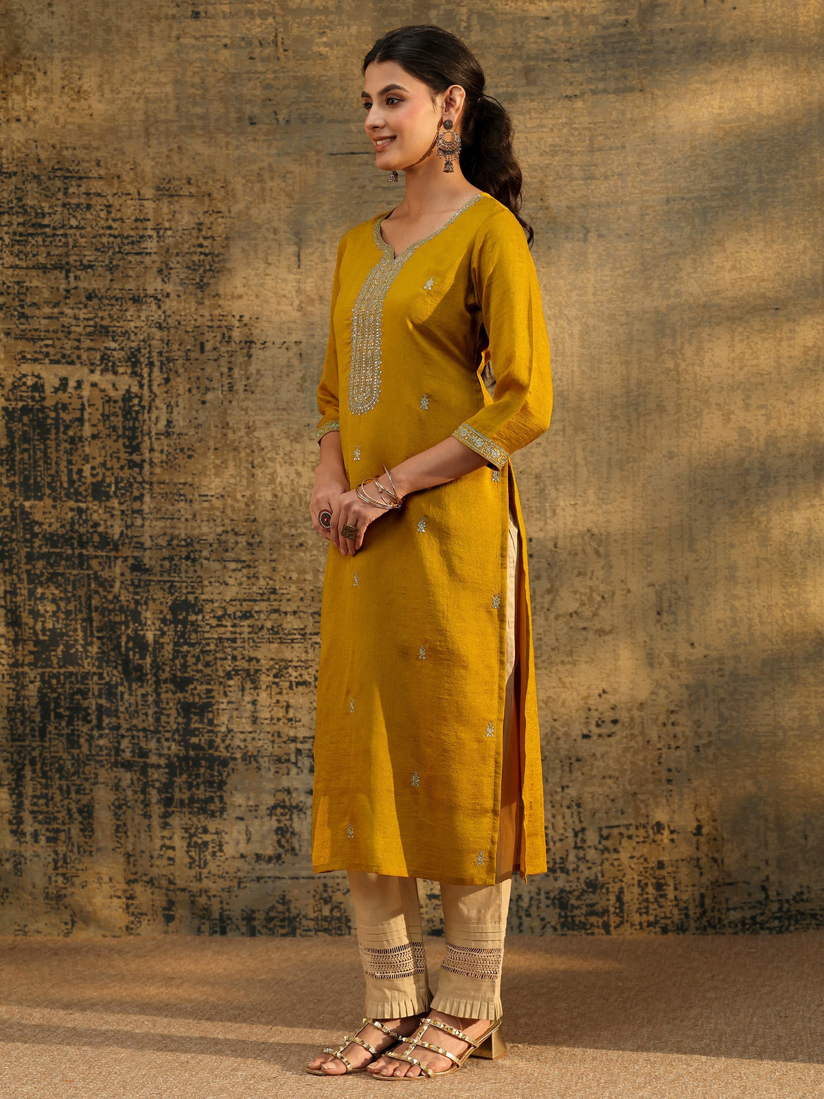 Anouk Mustard Embroidered Silk Blend Straight Kurta
