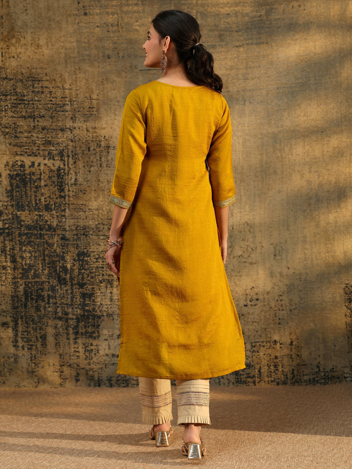 Anouk Mustard Embroidered Silk Blend Straight Kurta