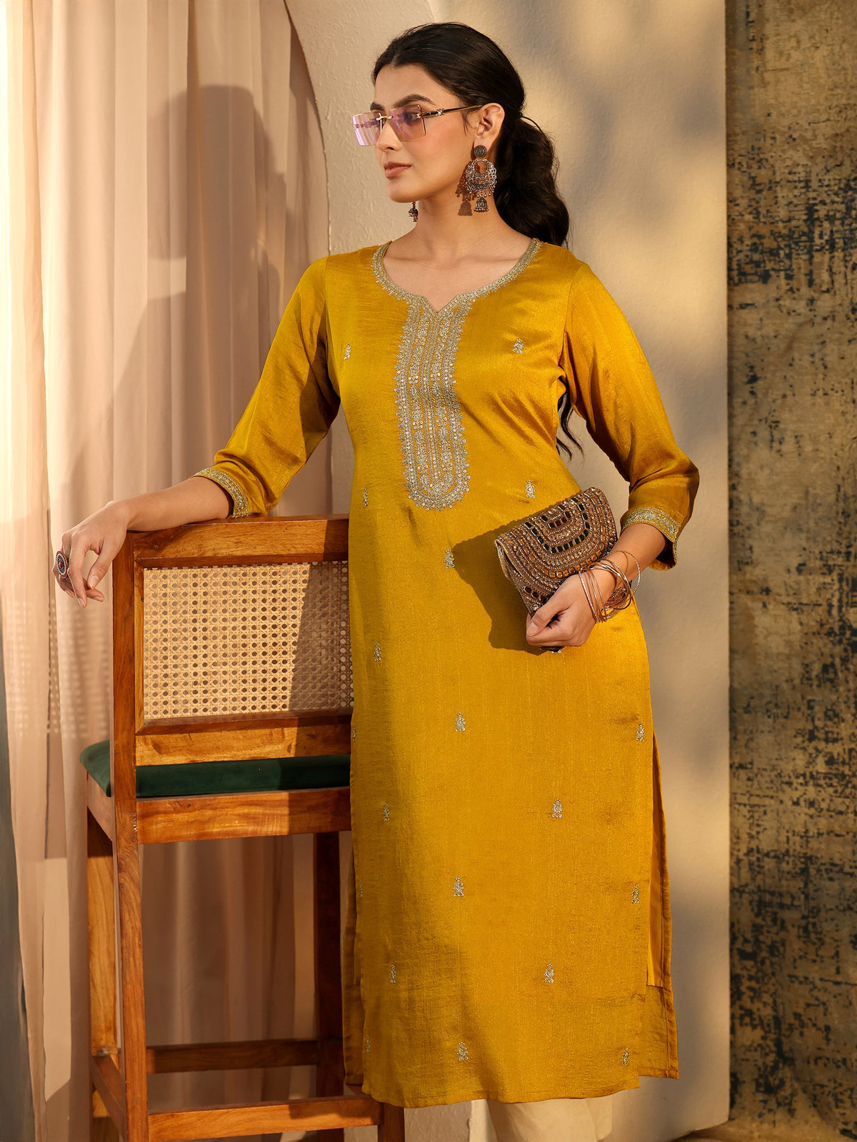 Anouk Mustard Embroidered Silk Blend Straight Kurta