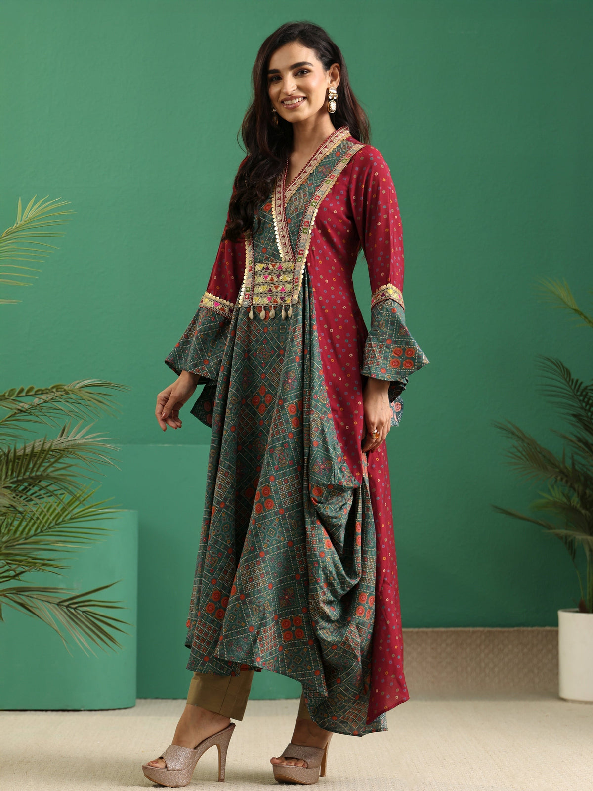 Anouk Dusty Teal Blue Bandhani Silk Blend Cowl Style Kurta