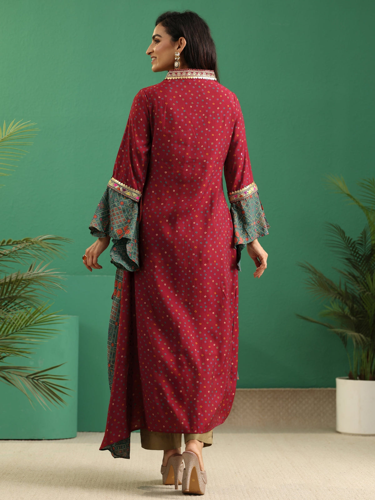 Anouk Dusty Teal Blue Bandhani Silk Blend Cowl Style Kurta