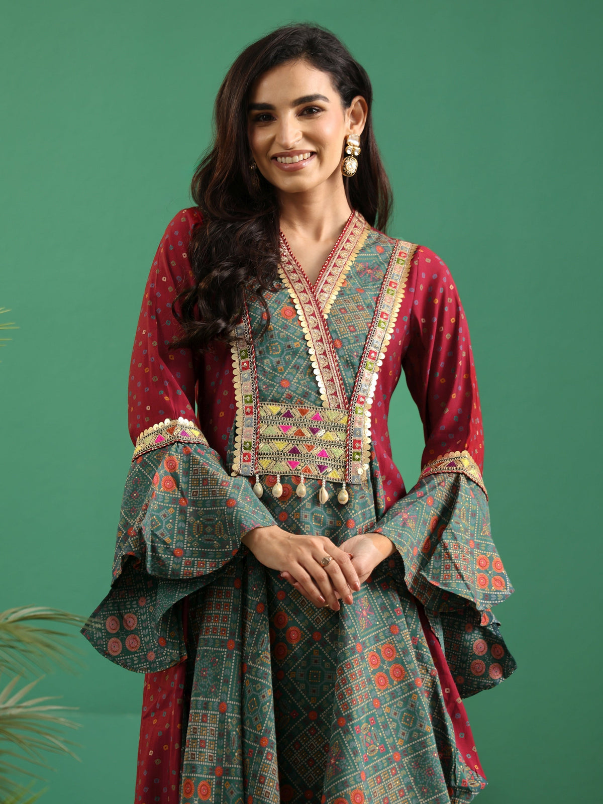 Anouk Dusty Teal Blue Bandhani Silk Blend Cowl Style Kurta