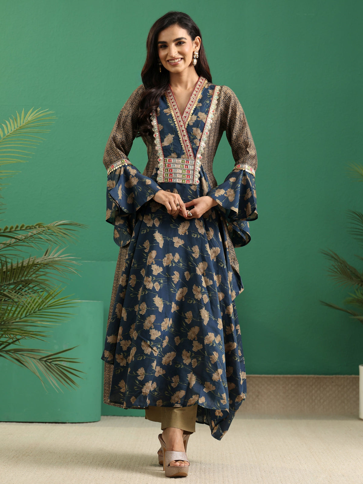 Anouk Prussian Blue Floral Printed Silk Blend Cowl Style Kurta