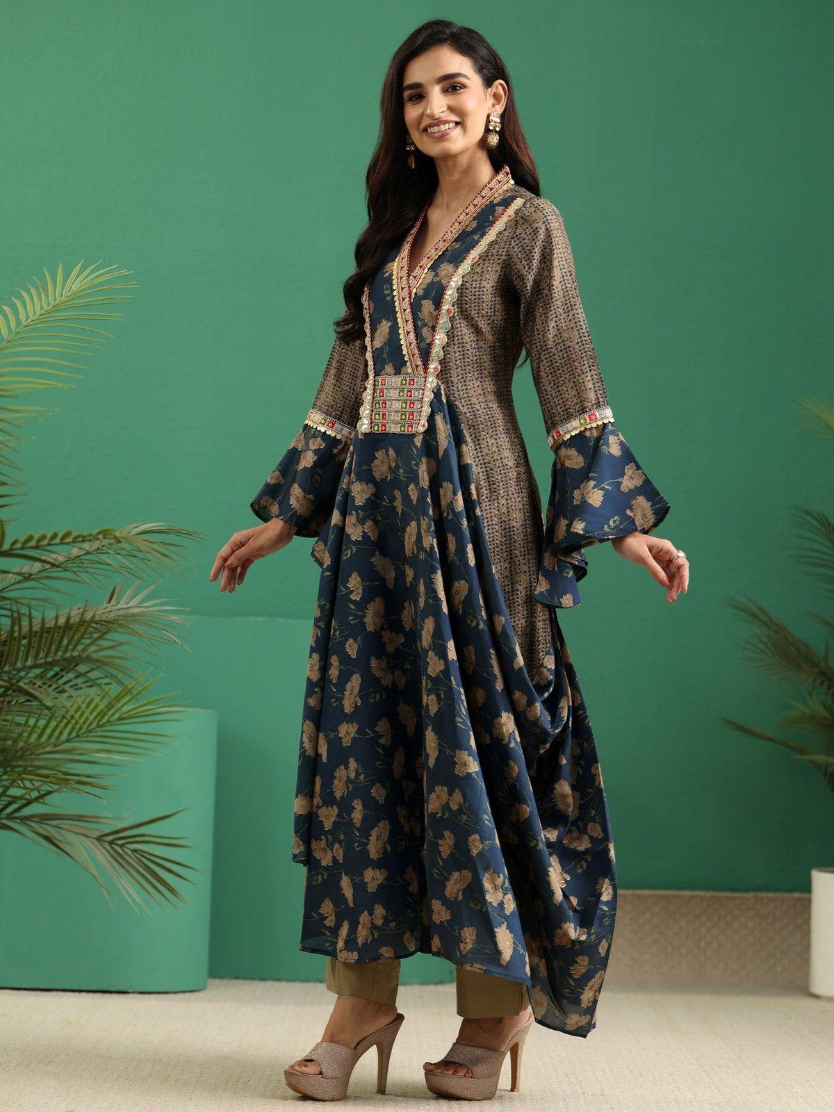 Anouk Prussian Blue Floral Printed Silk Blend Cowl Style Kurta