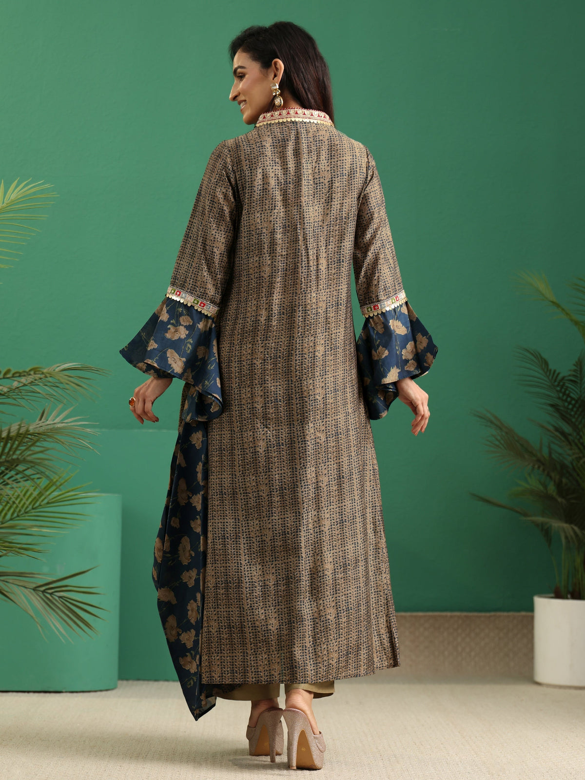 Anouk Prussian Blue Floral Printed Silk Blend Cowl Style Kurta