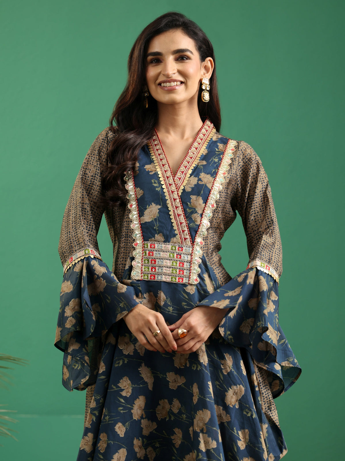 Anouk Prussian Blue Floral Printed Silk Blend Cowl Style Kurta