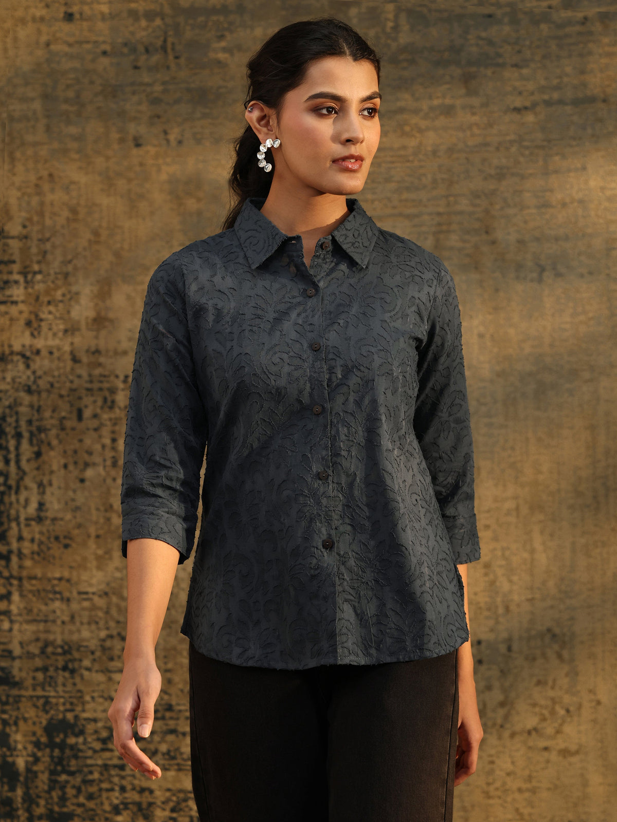 Anouk Dark Grey Floral Textured Cotton Shirt