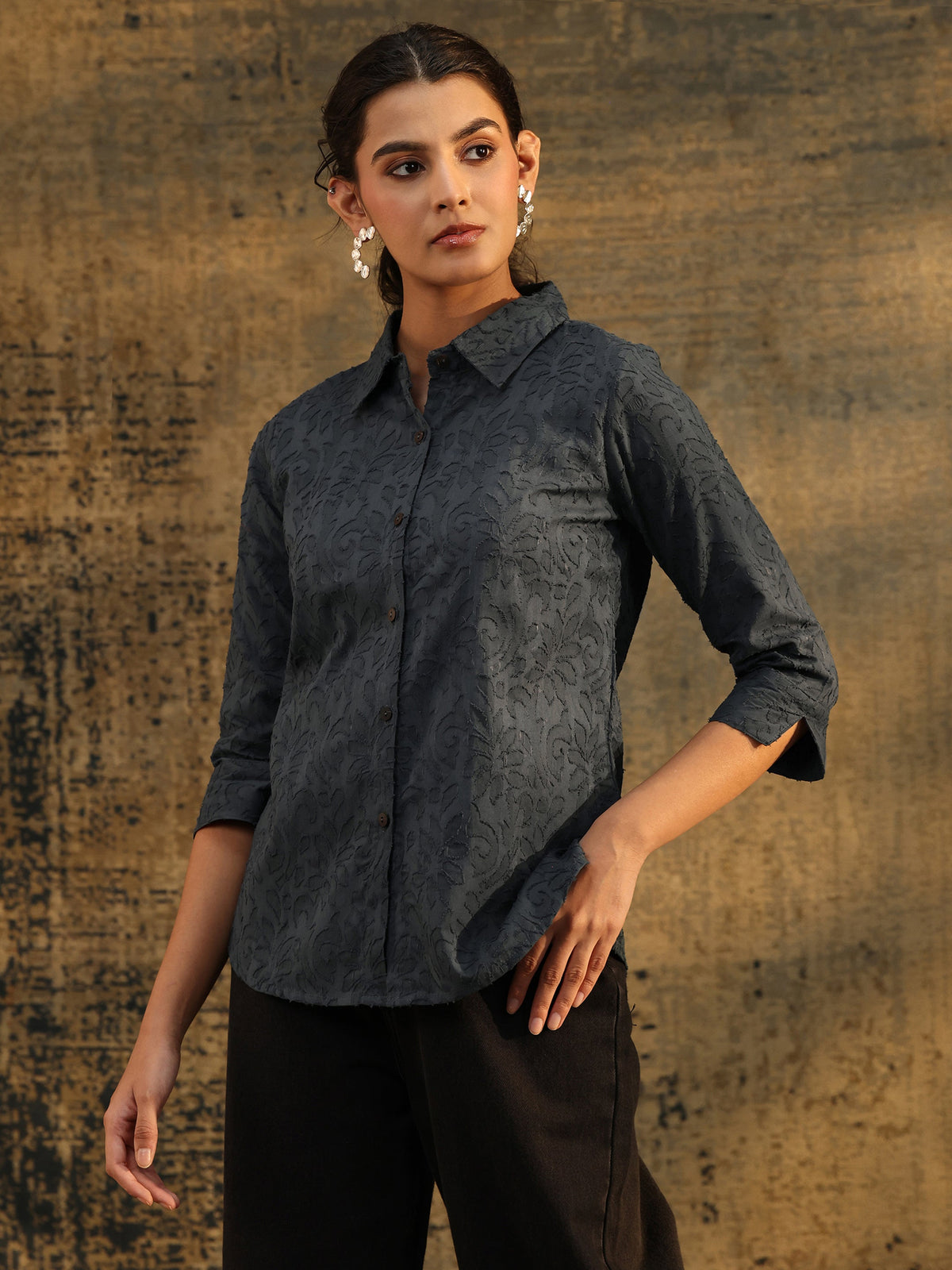 Anouk Dark Grey Floral Textured Cotton Shirt