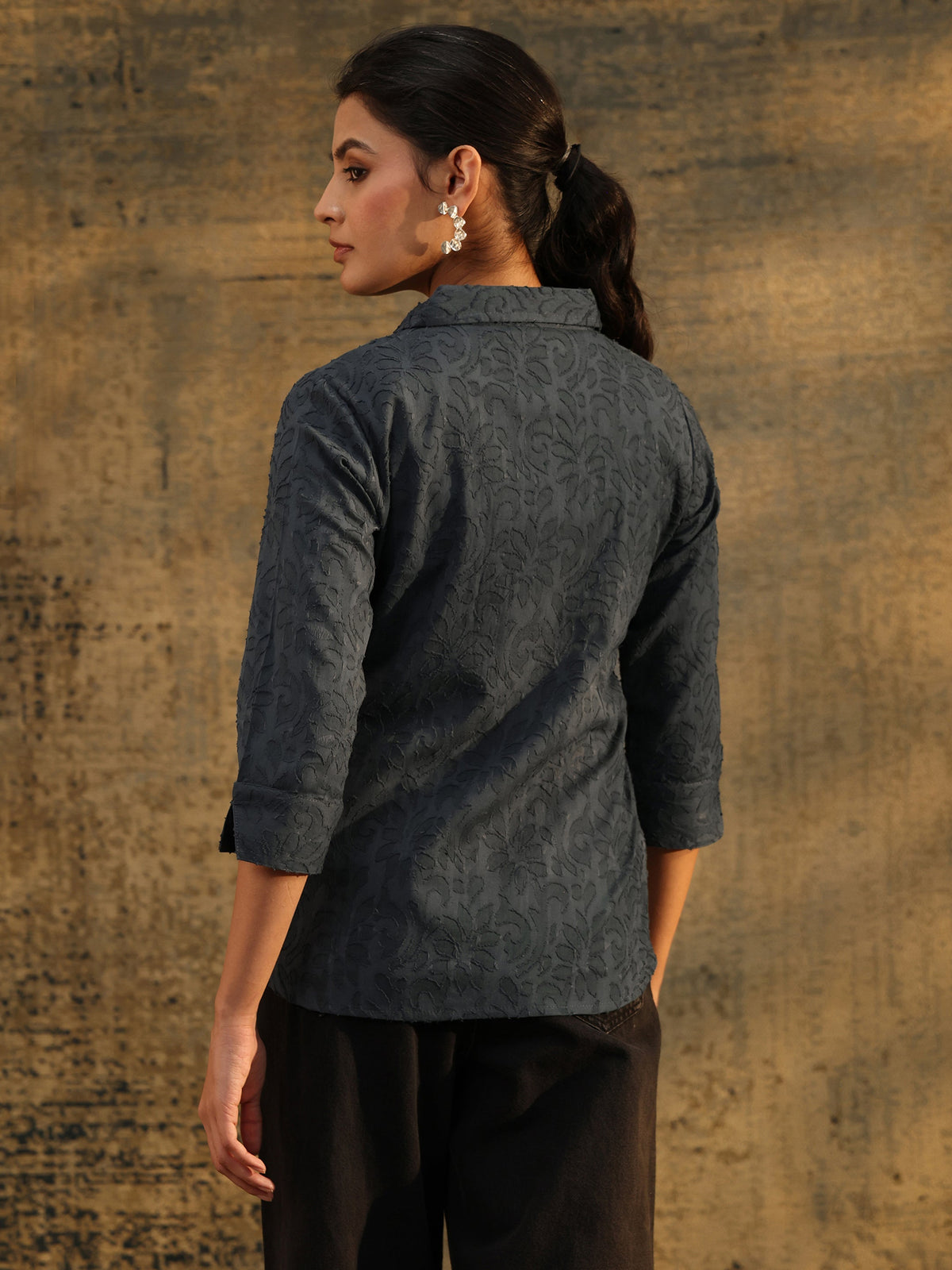 Anouk Dark Grey Floral Textured Cotton Shirt