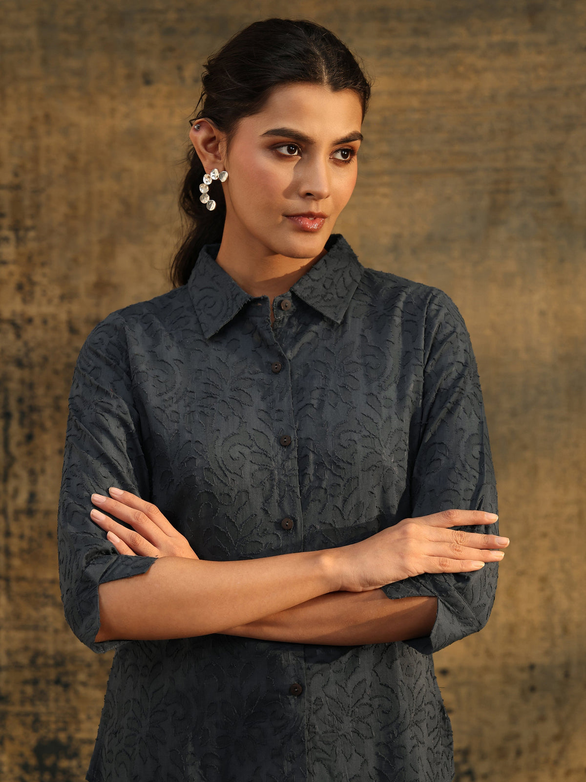 Anouk Dark Grey Floral Textured Cotton Shirt