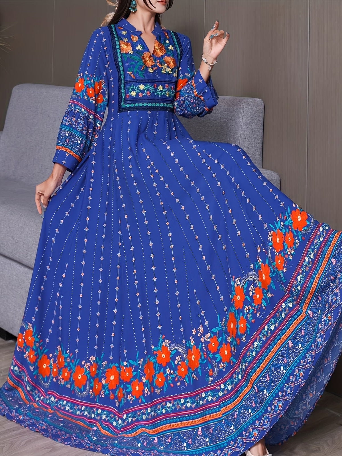 Women's Bohemian Ethnic Print Maxi Dress with Flowing Hem