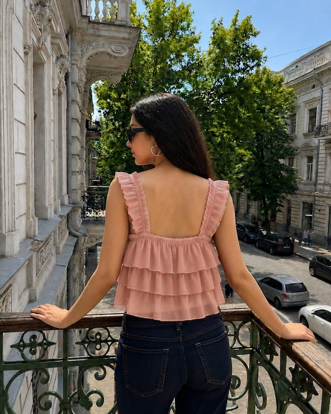 Tiered Ruffle Square Neck Sleeveless Crop Top in Pink