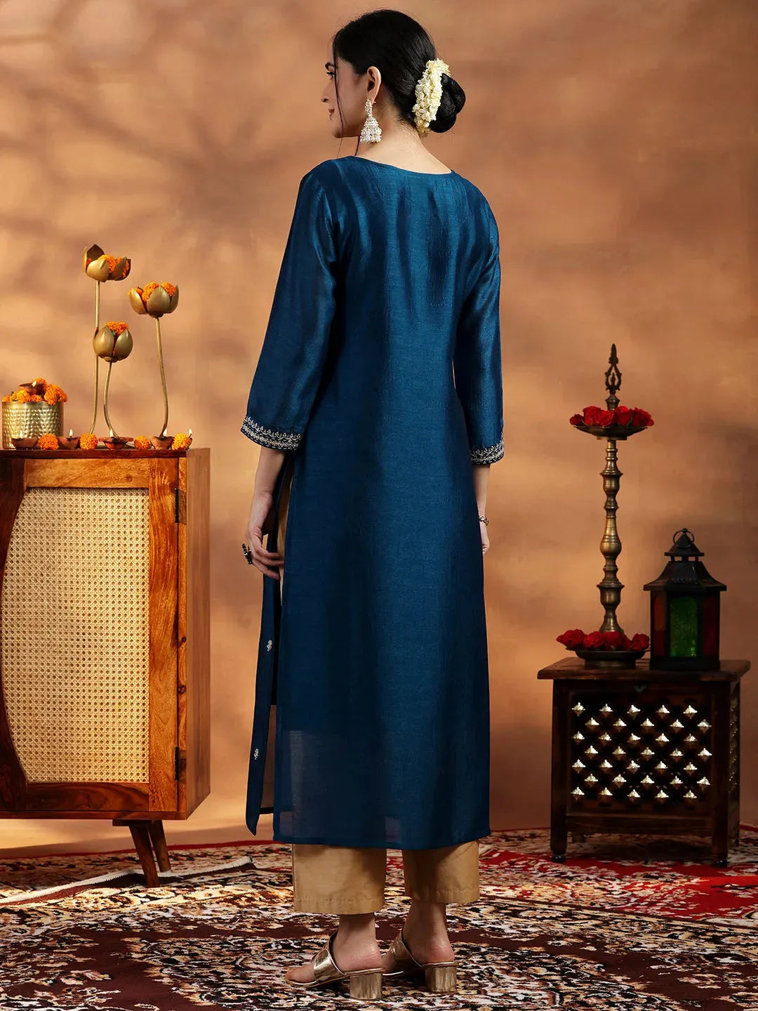 Anouk Teal Embroidered Silk Straight Kurta