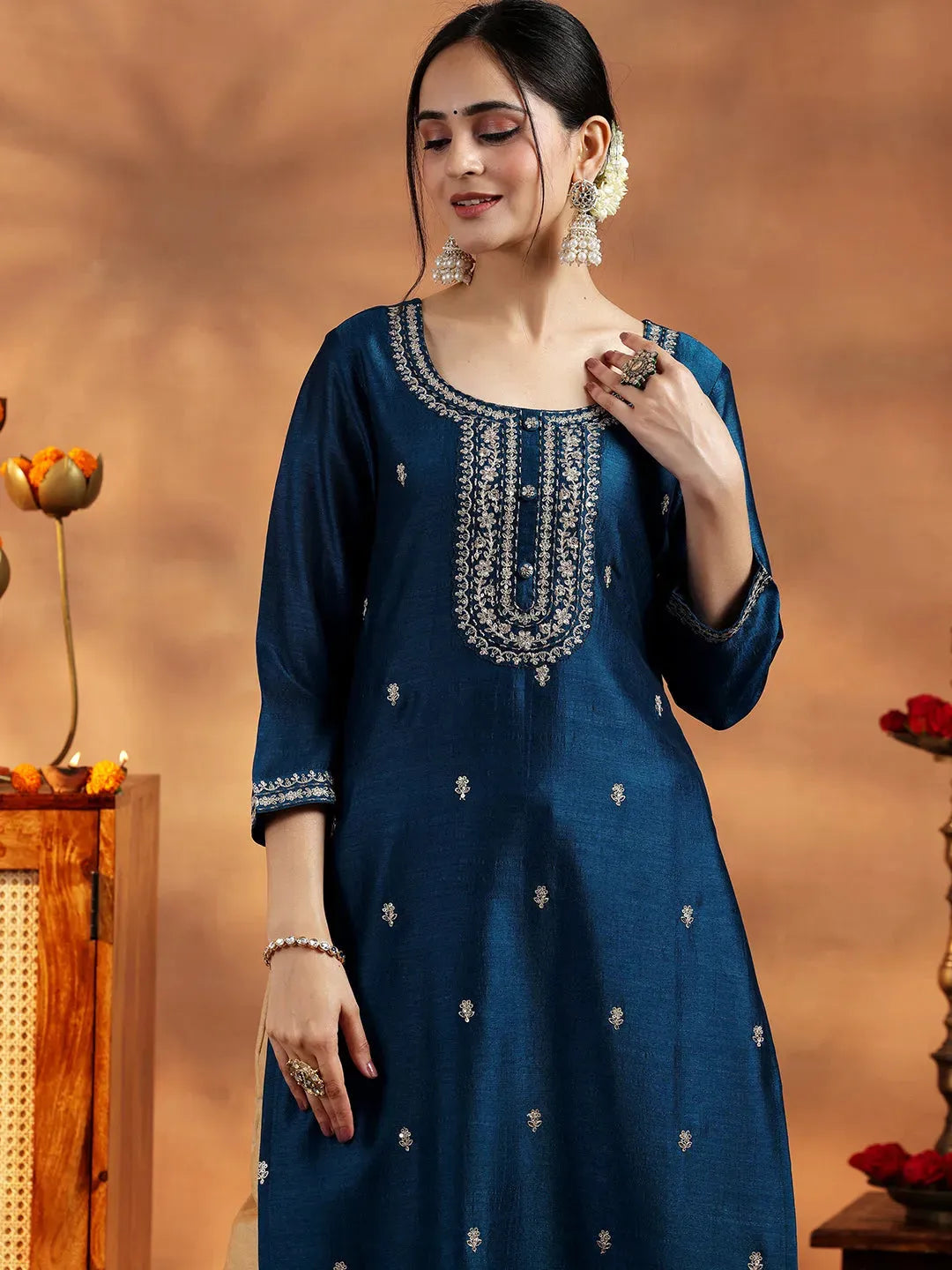 Anouk Teal Embroidered Silk Straight Kurta