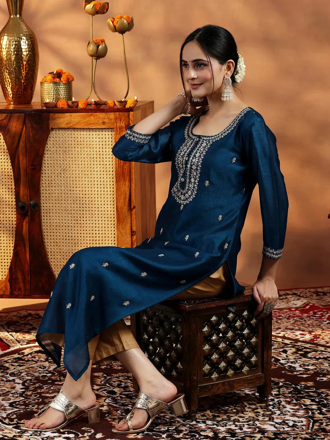 Anouk Teal Embroidered Silk Straight Kurta