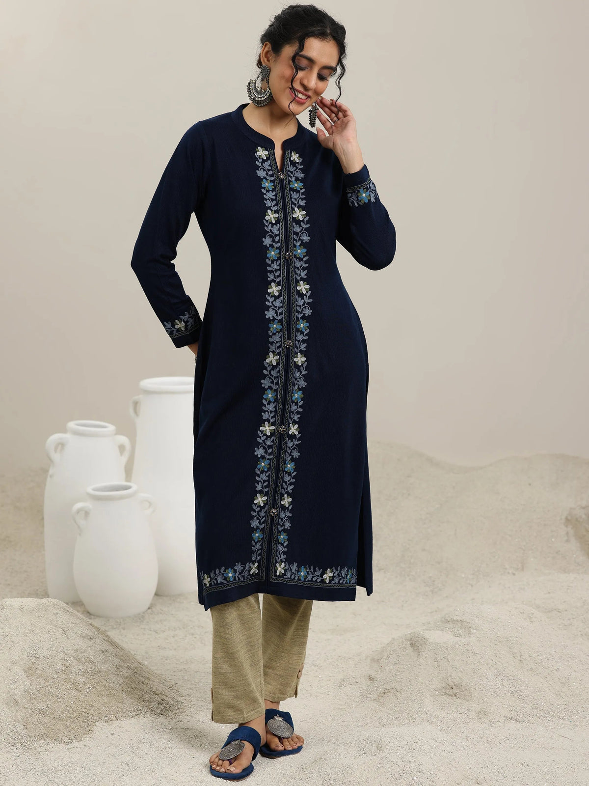 Anouk Blue Embroidered Wool Straight Kurta