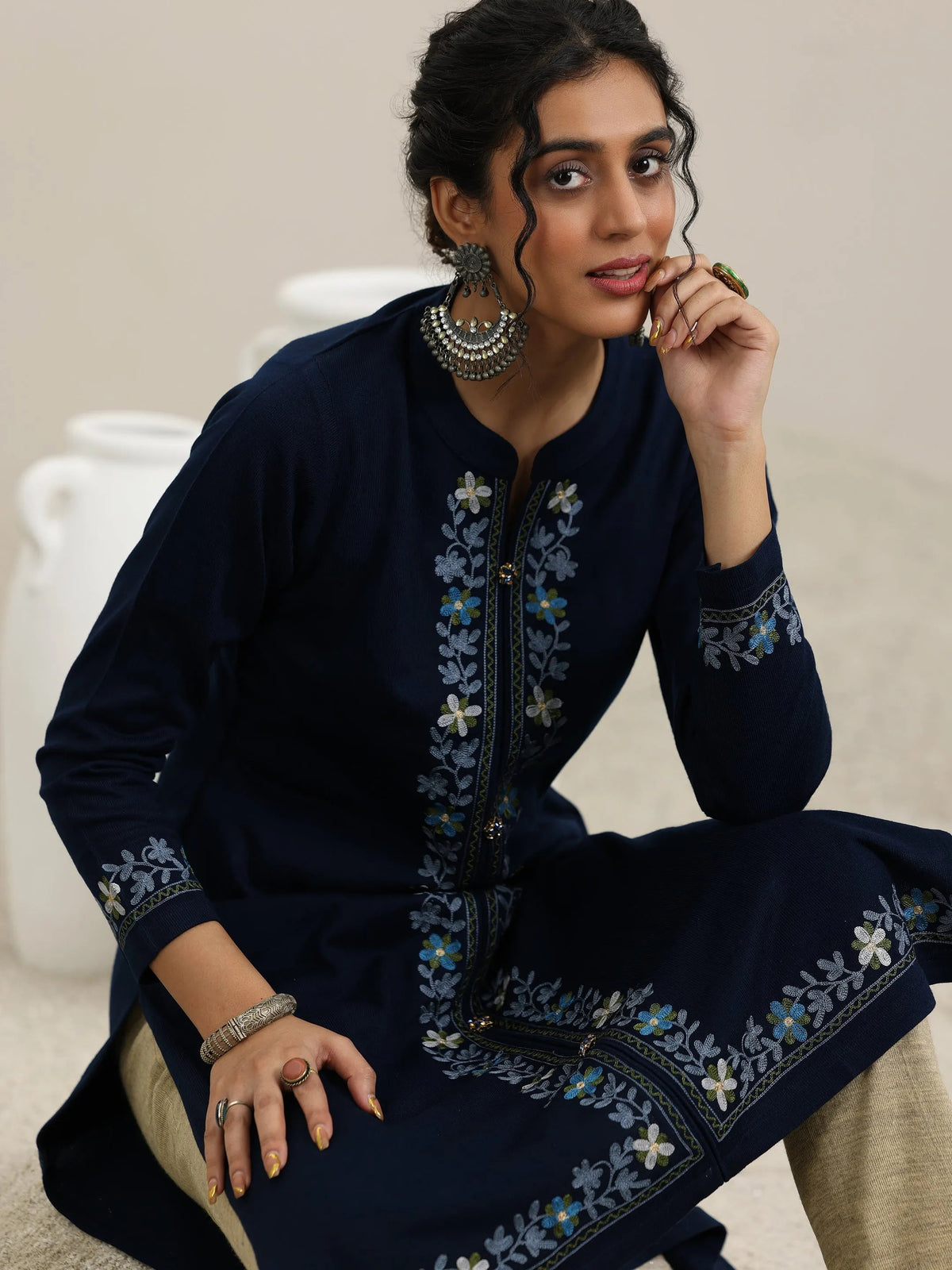 Anouk Blue Embroidered Wool Straight Kurta