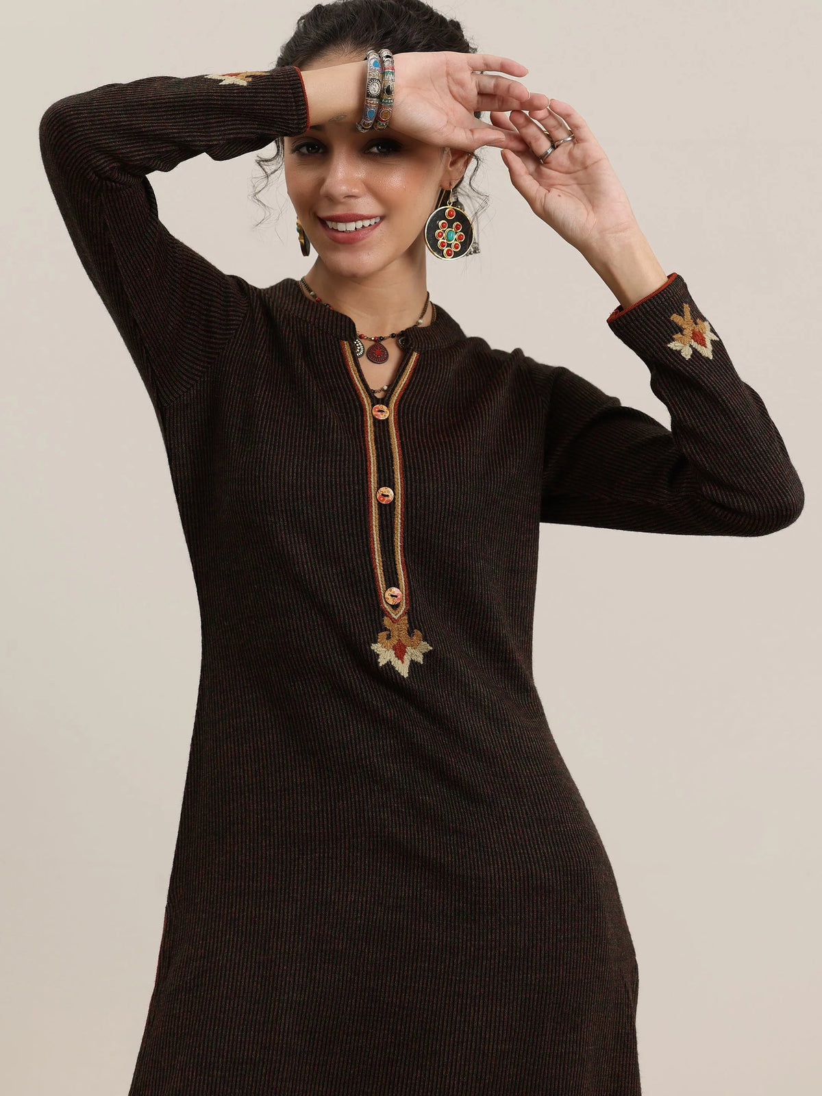 Anouk Black Embroidered Wool Straight Kurta